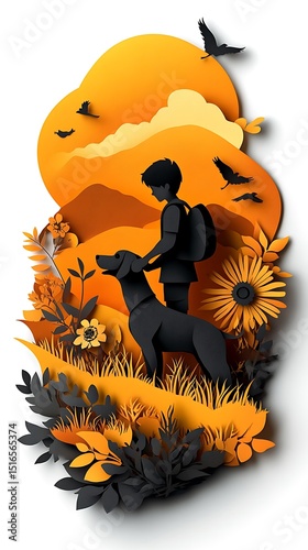 Boy and dog hike through autumn landscape