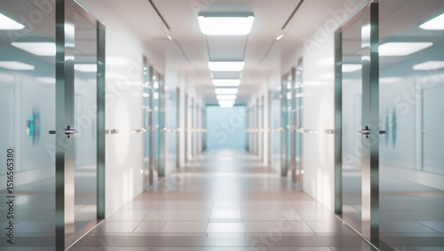 This corridor presents a modern, minimalist design. The walls are lined with glass paneled doors, imparting a sense of transparency and openness. 