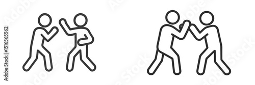 Two stick figures engaging in playful sparring during a lively outdoor event in a park at midday