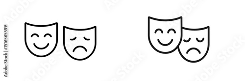Different expressions represented by masks showcasing joy and sadness in a minimalistic style