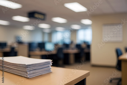 Stack of printed documents on wooden desk in modern office environment with blurred background, suitable for corporate presentation, business report, or workplace concept photo