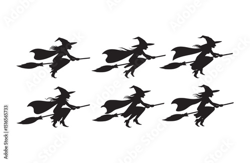 Spooky Halloween Witch Silhouettes Six Flying Witch Illustrations for Decorations and Designs