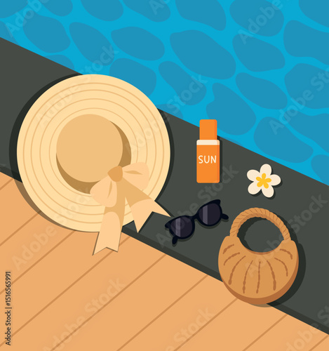 Summer vacation. Vector illustration of hat, glasses, sunscreen, bag on the terrace by the pool. Ideal scene of accessories for rest, relaxation. For tourism projects and travel blogs