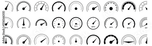 Speedometer and gauge meter vector icon collection including car speed, fuel indicators, rpm meters, and dashboard elements in black design style


