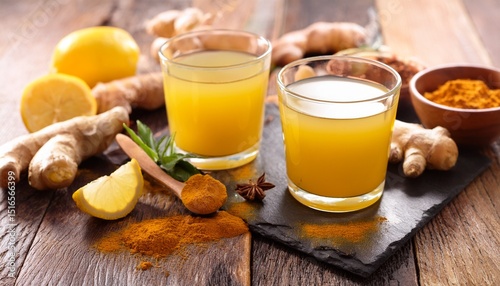 fresh ginger lemon wellness shots with turmeric and spices for boosting immunity and energy