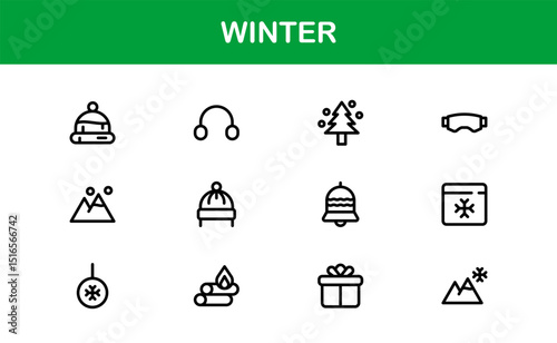 Winter Wonders Icons. Elegant Line Art for Cold Weather Concepts, Snowflakes, Activities, and Holiday Graphics. Enhance your visuals.