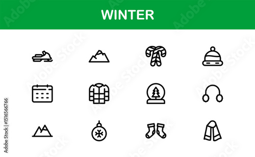 Winter Wonders Icons. Elegant Line Art for Cold Weather Concepts, Snowflakes, Activities, and Holiday Graphics. Enhance your visuals.