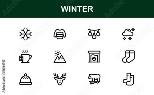 Winter Wonders Icons. Elegant Line Art for Cold Weather Concepts, Snowflakes, Activities, and Holiday Graphics. Enhance your visuals.