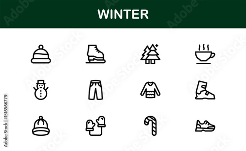 Winter Wonders Icons. Elegant Line Art for Cold Weather Concepts, Snowflakes, Activities, and Holiday Graphics. Enhance your visuals.
