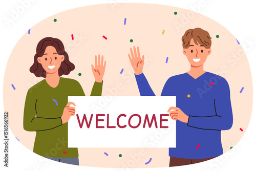 Welcome banner in hands man and woman waving hand in greeting and inviting guests to festival. Cheerful couple shows inscription welcome, standing among falling candy during housewarming party