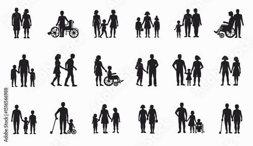 Black silhouette icons representing diverse families, including couples, children, and accessibility needs.