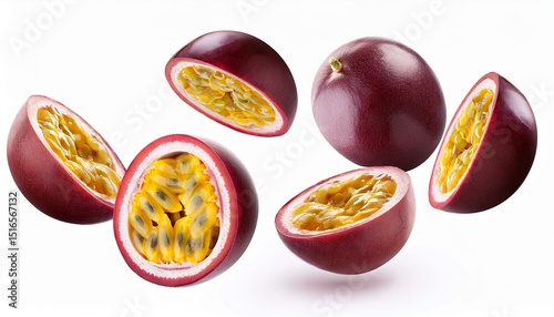 sliced passion fruit floating in the air isolated on white background