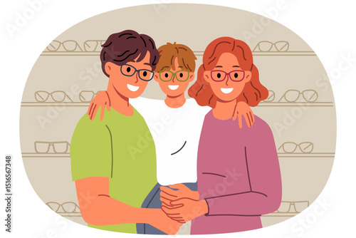Family chooses new glasses for son, standing in ophthalmological store with happy boy in arms. Positive mom and dad use ophthalmological services to correct poor vision in little child