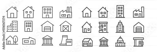 Collection of various building outlines representing different architectural styles at a design studio