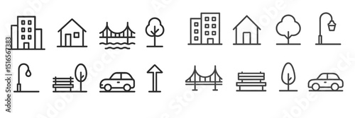 Various urban elements illustrated in minimalist icons representing city life and landscapes