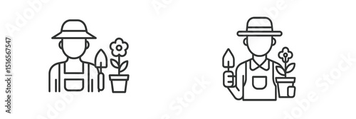 Gardener tending to plants with tools in hands in a sunny outdoor environment