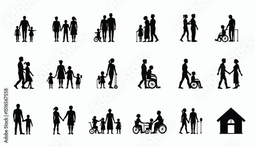 Family and Relationship Silhouettes: Diverse Structures, Generations, and Abilities Represented in Black on White.