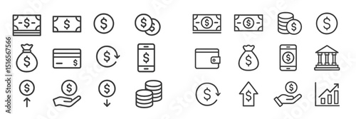 Various financial symbols representing money transactions, savings, and banking elements in a minimalist design