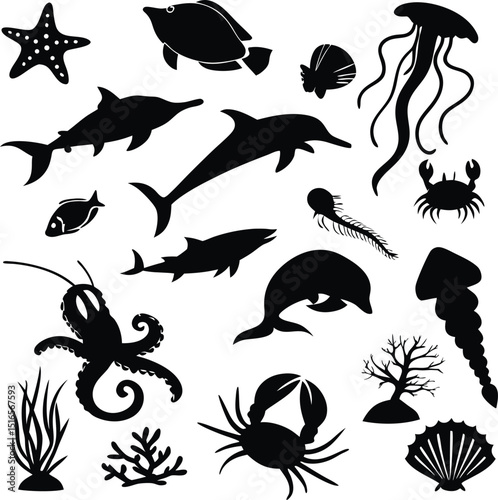 Ocean Life Silhouette Set: Scalable Aquatic Animal Designs photo