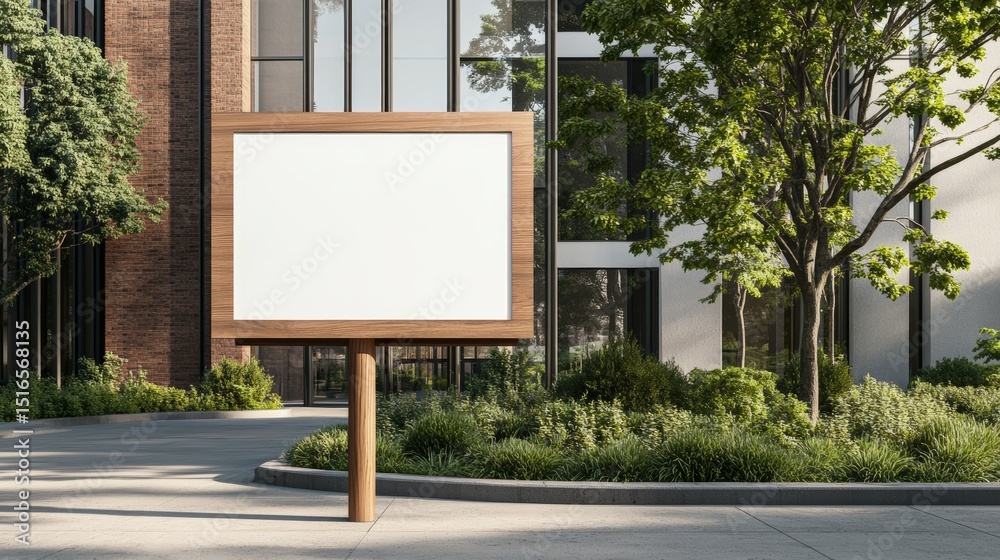 Fototapeta premium Empty outdoor billboard signboard in urban park setting surrounded by trees and modern building background