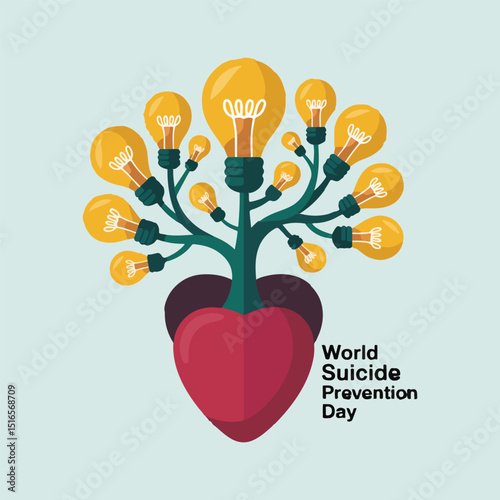 Hope and healing vector art for World Suicide Prevention Day, featuring yellow ribbons, mental health awareness symbols, and supportive concepts for spreading empathy and love.