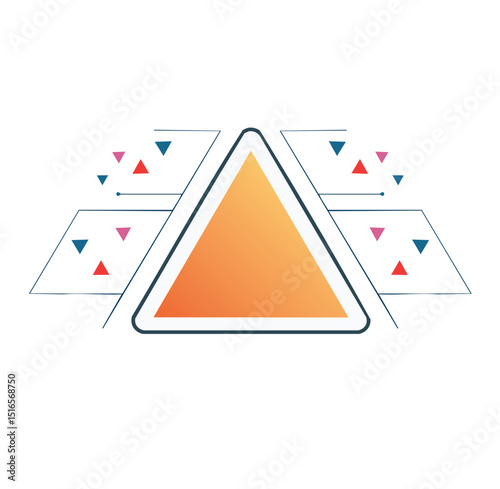Vector Abstract Geometric Composition Featuring a Central Gradient Triangle with Rounded Corners and Transparent Trapezoids with Scattered Colorful Triangles on a Minimalist Background

