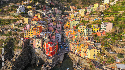 Riomaggiore Village at Sunset, Cinque Terre Coast of Italy. La Spezia, Liguria, Italy