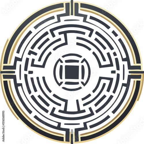 Vector Top-Down View of a Graphic Circular Maze with Concentric Patterns, Soft Diffused Lighting, and Textured Stone-Like Elements in a Contemplative Design