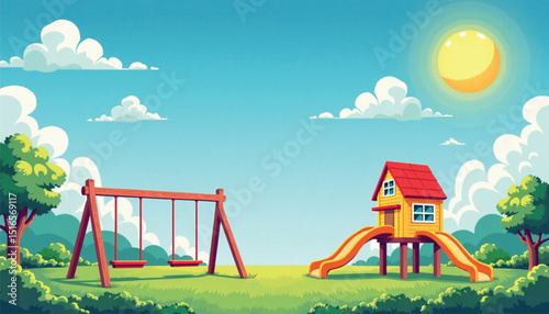 Colorful playground with swings and slide under sunny sky  