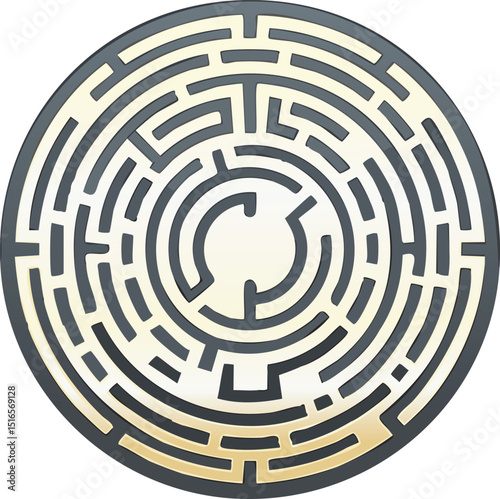 Vector Design of a Symmetrical Labyrinth Featuring Illuminated Golden Pathways, Rough-Textured Walls, and a Central Pale White Circle for a Mysterious Puzzle Theme