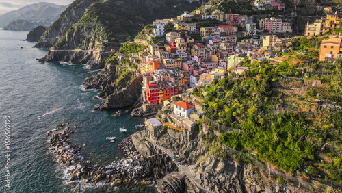 Riomaggiore Village at Sunset, Cinque Terre Coast of Italy. La Spezia, Liguria, Italy