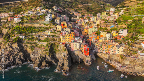 Riomaggiore Village at Sunset, Cinque Terre Coast of Italy. La Spezia, Liguria, Italy