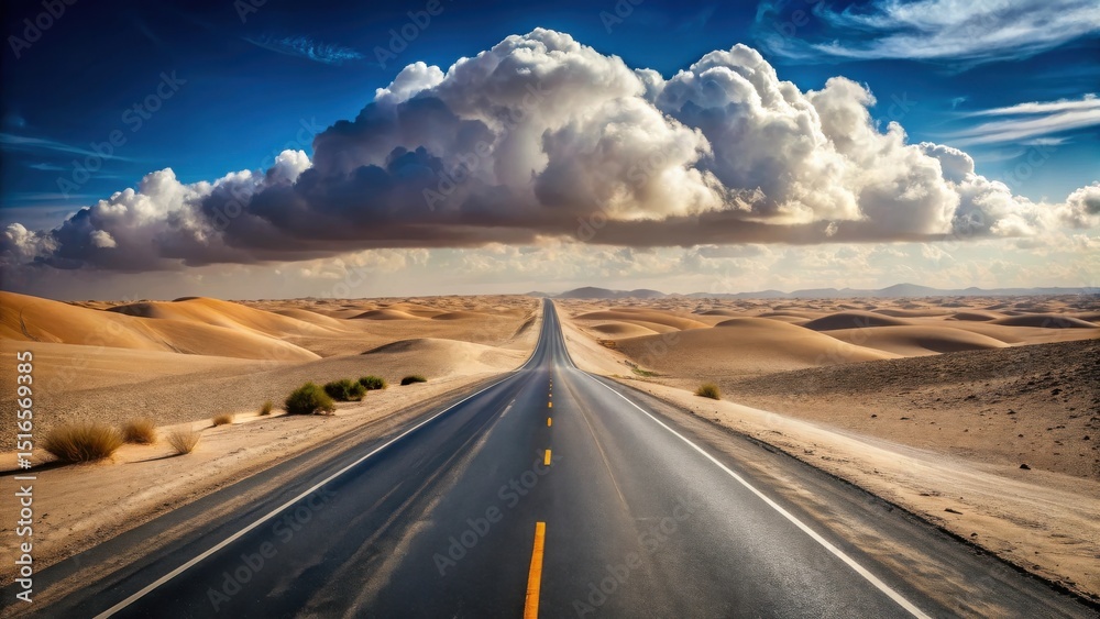 Naklejka premium Endless Asphalt Ribbon Through a Desert Landscape Under a Majestic Cloud Formation