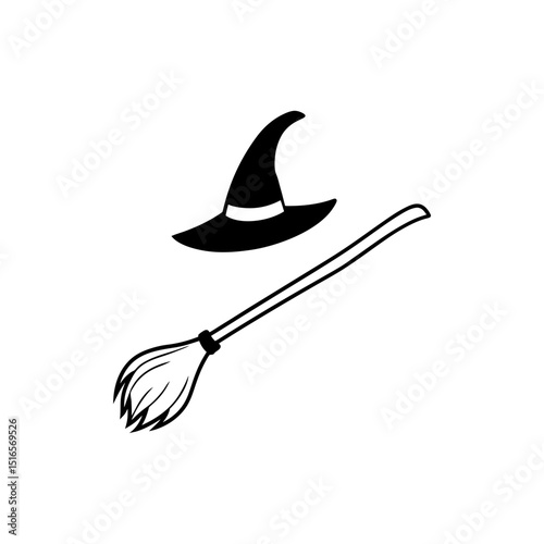 Witch hat and broomstick silhouette.