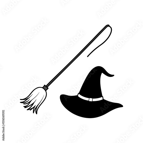 Witch hat and broomstick silhouette.