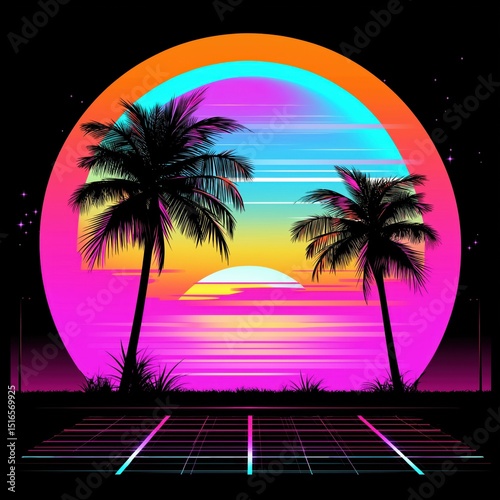 Retro sunset with neon palm trees and glowing horizon in synthwave style


