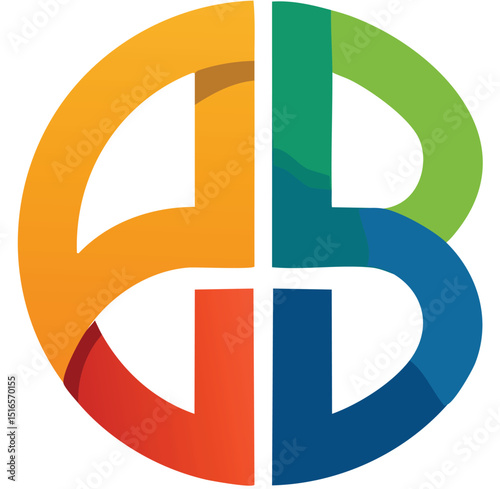 Modern and professional flat vector logo with a symmetrical circular shape divided into two halves with gradient orange and blue colors, featuring large sans-serif letters A and B and a subtle dark bl