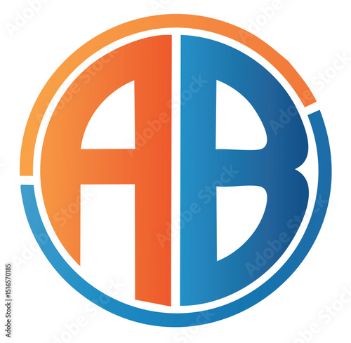 Vector logo design featuring a bold circular emblem split vertically with warm orange gradient on the left and cool blue gradient on the right, stylized letters A and B in clean sans-serif font, minim