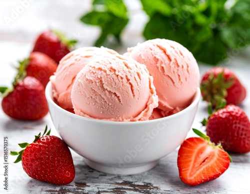 Pink ice cream scoops in a white bowl, surrounded by fresh strawberries