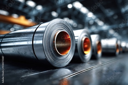 Steel sheets rolled up into rolls lie on a metal surface in a metallurgical plant warehouse, ready for further processing or transportation
