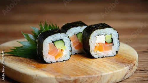 sushi food presentation wooden plate restaurant video motion