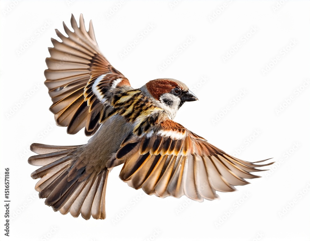 Fototapeta premium bird sparrow in mid flight with spread wings and feathers isolated on white background
