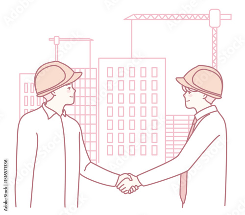 Two construction professionals shake hands, symbolizing their partnership in collaborative building development