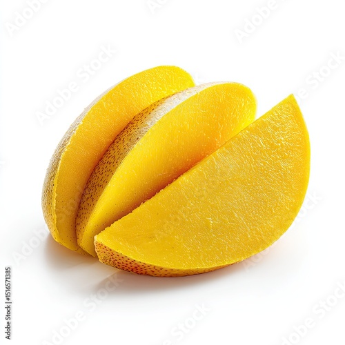 Fresh mango slices.  Three segments of bright yellow mango, with a hint of reddish-pink at the edges,  placed on a white background photo