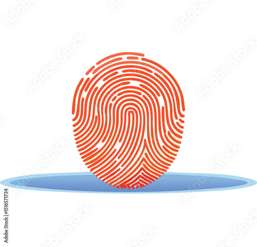 Modern Digital Vector Artwork Featuring a High-Contrast Orange-Red Fingerprint Integrated with Blue Circuit Board Inspired Network Lines and Nodes, Symbolizing Security and Technology

