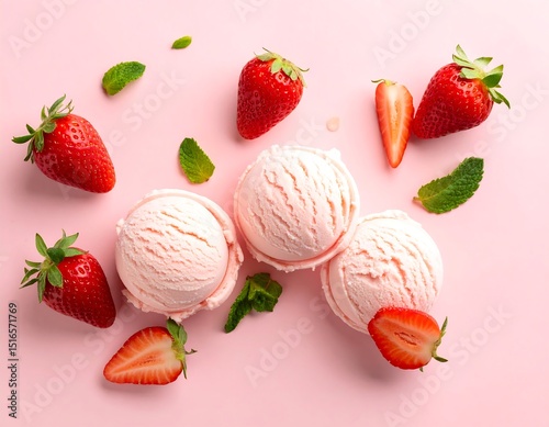 Pink ice cream scoops with fresh strawberries and mint leaves on a pink background
