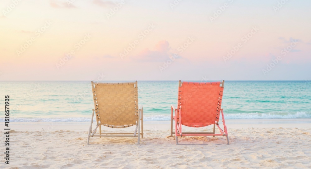 Two beach chairs on sandy shore face tranquil ocean during sunset, peaceful scene Two beach chairs on sandy shore face tranquil ocean during sunset, peaceful scene