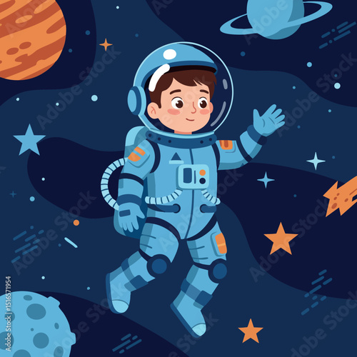 Child astronaut floating in space with planets stars and spaceship vector illustration 