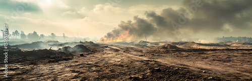 Desolate battlefield scene with trenches. Smoke, fire rise. Destroyed landscape after war. Earth, sky background. Disaster, crisis concept. Military conflict background.