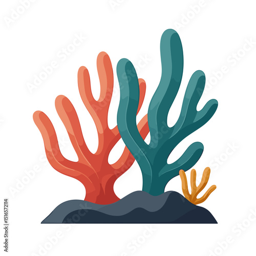 Vibrant Coral Reef Illustration with Red, Teal, and Yellow Coral on a Dark Seabed
